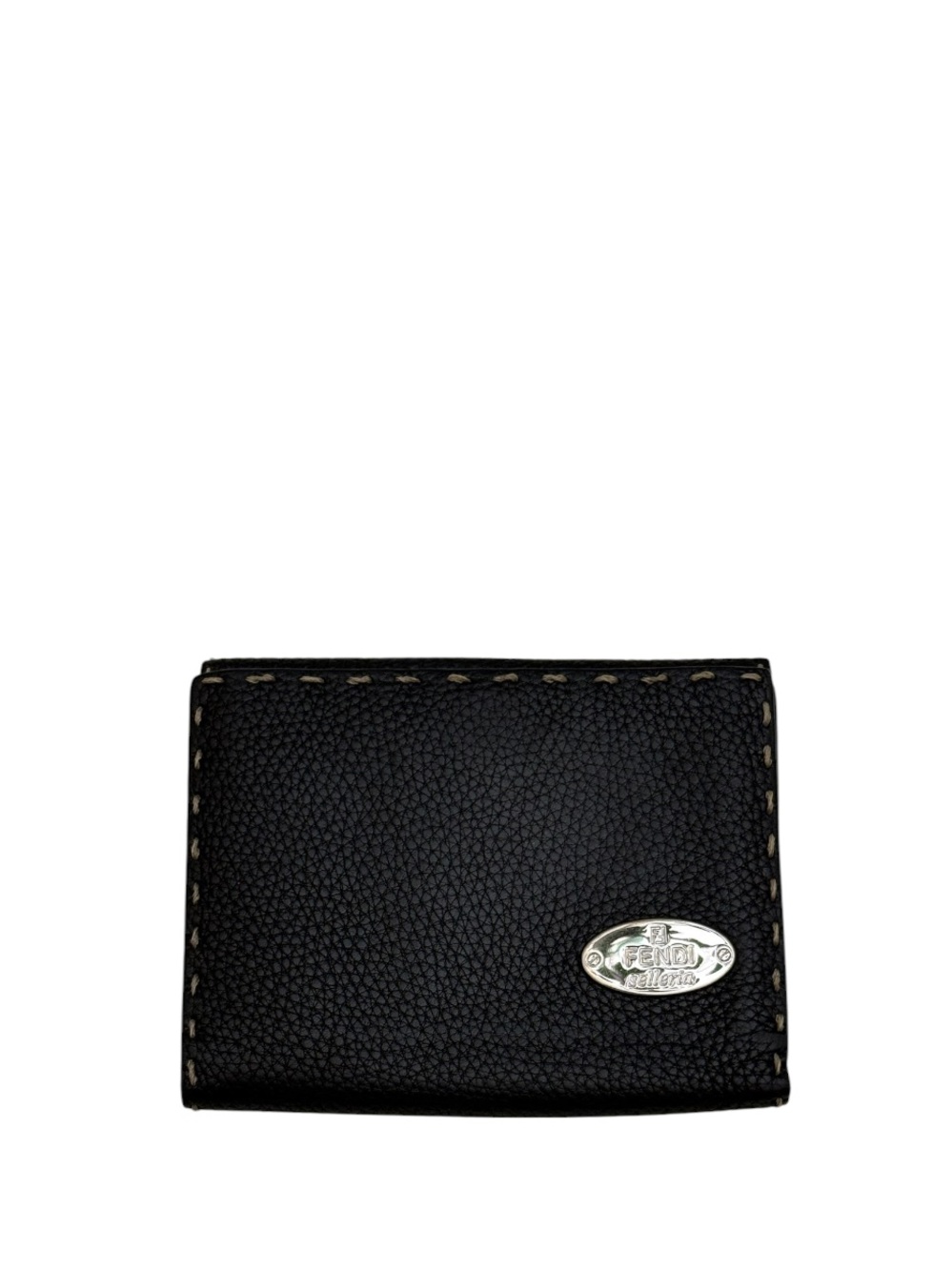 FENDI - BLACK PEBBLED LEATHER COMPACT TRIFOLD SNAP WALLET “SELLERIA”